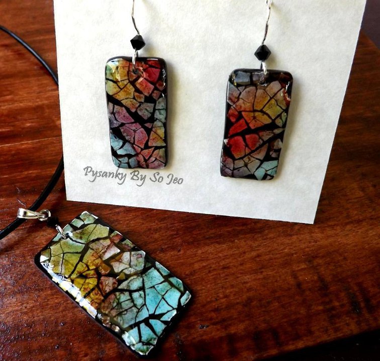 Rainbow Rectangles Earrings and Pendant Eggshell Mosaic Jewelry by So Jeo